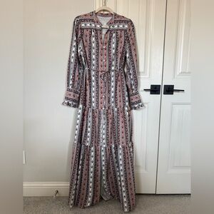 Bohemian Long Sleeve Maxi Dress - Pink and White